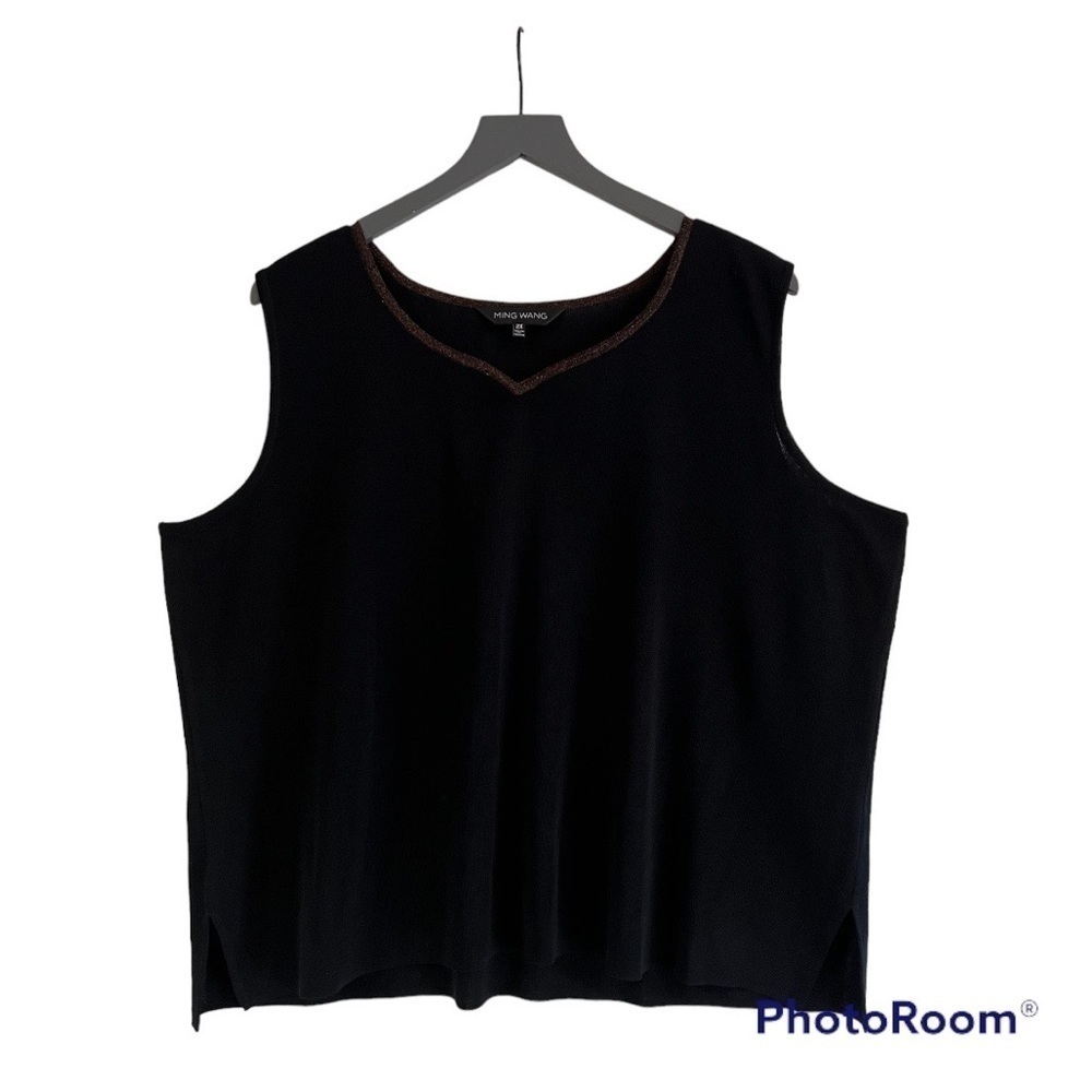 Ming Wang Knit Sleeveless Shell Sweater Black with Metallic Copper Trim Size 2X